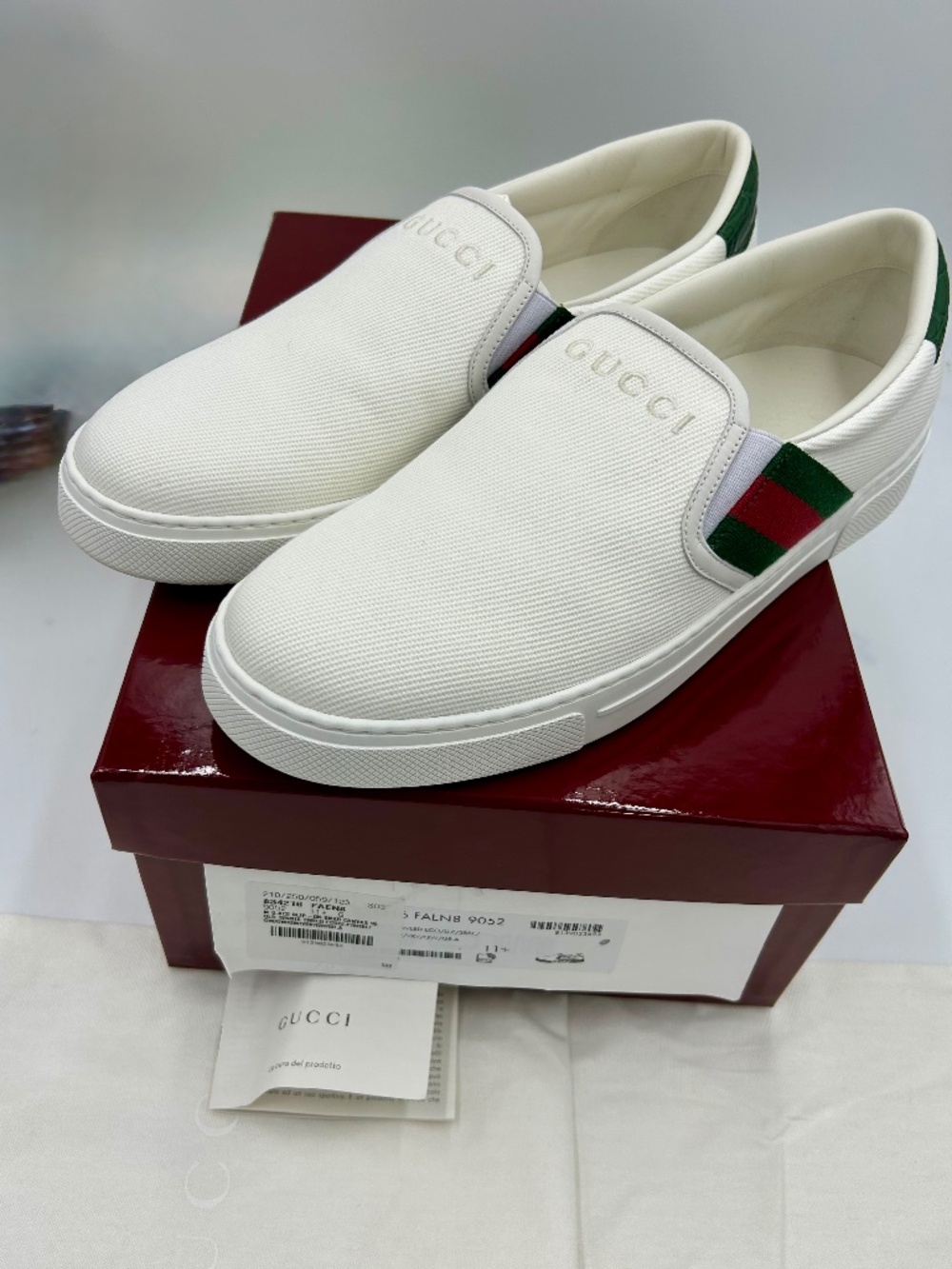 Men’s Gucci Ace White Slip-On Sneakers.  11.5/fits 12.5 US. Made in Italy.